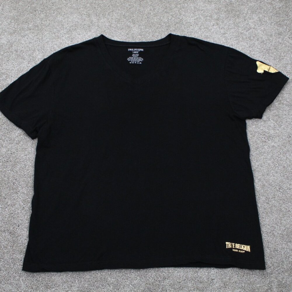 True Religion Shirt Mens Large Black V-Neck 100%‎ Cotton Short Sleeve Pullover